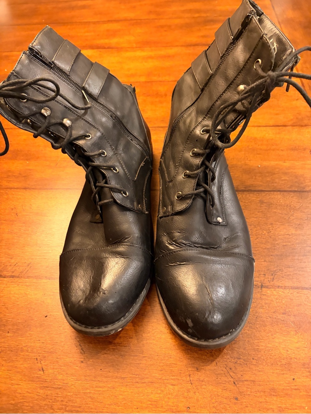 Black Leather Lace-Up Combat Boots - Women